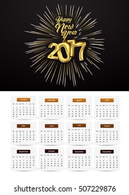 Design Calendar for 2017 on white background, with fireworks and golden text