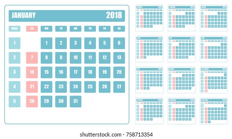 Design of calendar for 2018 with the numbering of weeks. The week starts on Sunday. Flat vector illustration.