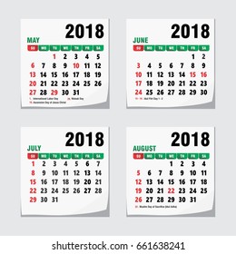 Design calendar 2018 - set of four months ( May, June, July, August )