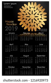 Design calendar for 2019. Simple, golden vector ornaments with black backgrounds, 12 pages of calendar design vector print 