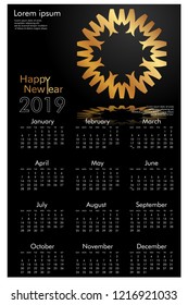 Design calendar for 2019. Simple, golden vector ornaments with black backgrounds, 12 pages of calendar design vector print 