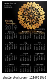 Design calendar for 2019. Simple, golden vector ornaments with black backgrounds, 12 pages of calendar design vector print 