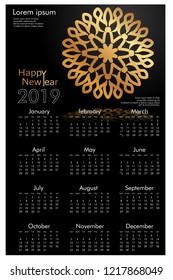 Design calendar for 2019. Simple, golden vector ornaments with black backgrounds, 12 pages of calendar design vector print 