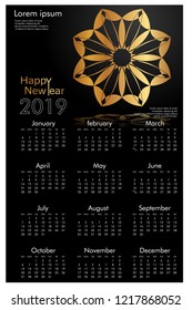Design calendar for 2019. Simple, golden vector ornaments with black backgrounds, 12 pages of calendar design vector print 