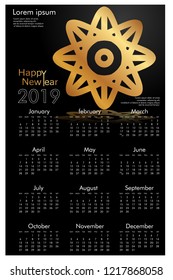 Design calendar for 2019. Simple, golden vector ornaments with black backgrounds, 12 pages of calendar design vector print 