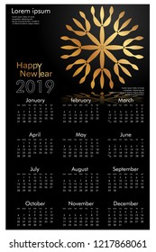 Design calendar for 2019. Simple, golden vector ornaments with black backgrounds, 12 pages of calendar design vector print 