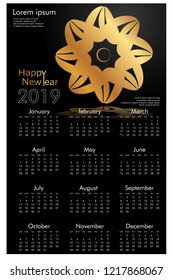 Design calendar for 2019. Simple, golden vector ornaments with black backgrounds, 12 pages of calendar design vector print 
