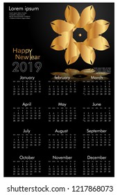 Design calendar for 2019. Simple, golden vector ornaments with black backgrounds, 12 pages of calendar design vector print 