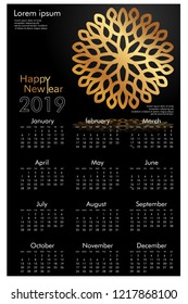 Design calendar for 2019. Simple, golden vector ornaments with black backgrounds, 12 pages of calendar design vector print 