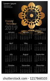 Design calendar for 2019. Simple, golden vector ornaments with black backgrounds, 12 pages of calendar design vector print 