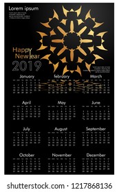 Design calendar for 2019. Simple, golden vector ornaments with black backgrounds, 12 pages of calendar design vector print 
