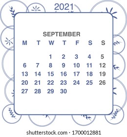 Design calendar 2021 year in trendy ornamental style. Stationery planner template. Vector illustration. Week starts on Monday. Set of 12 months. Made in blue and white colors