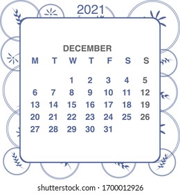 Design calendar 2021 year in trendy ornamental style. Stationery planner template. Vector illustration. Week starts on Monday. Set of 12 months. Made in blue and white colors