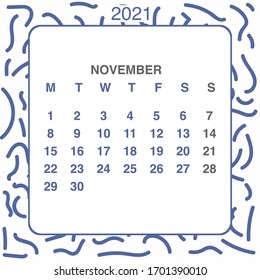 Design calendar 2021 year in trendy ornamental style. Stationery planner template. Vector illustration. Week starts on Monday. Set of 12 months. Made in blue and white colors