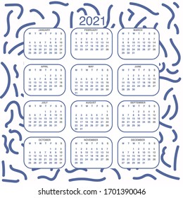 Design calendar 2021 year in trendy ornamental style. Stationery planner template. Vector illustration. Week starts on Monday. Set of 12 months. Made in blue and white colors