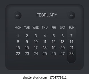 Design calendar 2021 year in trendy black style. Monthly sign of the calender for web site design. Vector illustration symbol of a calendar. Week starts from Monday. Stylish black gradient. 