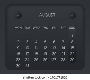 Design calendar 2021 year in trendy black style. Monthly sign of the calender for web site design. Vector illustration symbol of a calendar. Week starts from Monday. Stylish black gradient. 