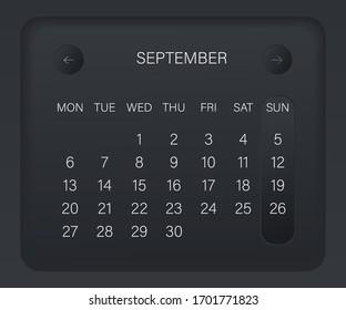 Design calendar 2021 year in trendy black style. Monthly sign of the calender for web site design. Vector illustration symbol of a calendar. Week starts from Monday. Stylish black gradient. 