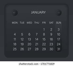 Design calendar 2021 year in trendy black style. Monthly sign of the calender for web site design. Vector illustration symbol of a calendar. Week starts from Monday. Stylish black gradient. 