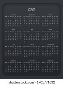 Design calendar 2021 year in trendy black style. Monthly sign of the calender for web site design. Vector illustration symbol of a calendar. Week starts from Monday. Stylish black gradient. 