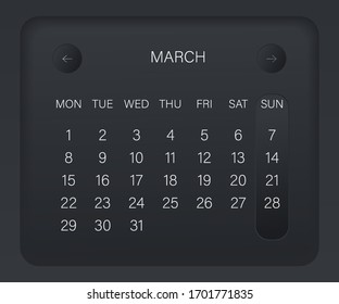 Design calendar 2021 year in trendy black style. Monthly sign of the calender for web site design. Vector illustration symbol of a calendar. Week starts from Monday. Stylish black gradient. 