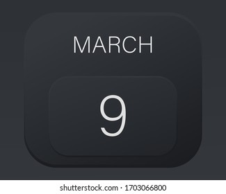 Design calendar 2021 year in trendy black style. Vector illustration symbol of a calendar.  Stylish black gradient. Daily sign of the calendar for web site design, logo, app, UI/UX. Spring March 