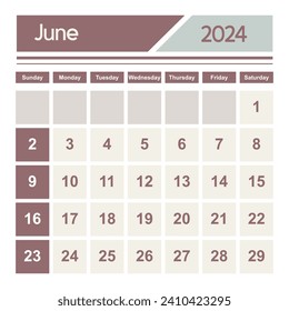 Design Calendar June 2024 in the style of minimalist square shape. The week starts on Sunday.
