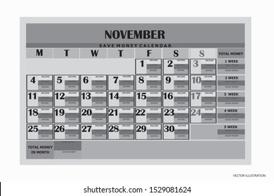 Design calendar month november 2019. Save money calendar 2019. Calendar for organization, business, family. Week Starts Monday. Year 2019 calendar. Vector illustration.