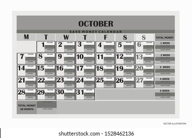 Design calendar month october 2019. Save money calendar 2019. Calendar for organization, business, family. Week Starts Monday. Year 2019 calendar. Vector illustration in black and white colors.