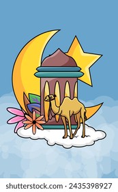 Design Camel Lantern Moon and Star on Cloud Cartoon Illustration