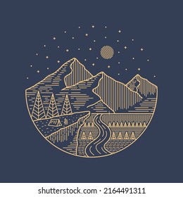 Design of camping in the cliff and mountain, nature wildlife in mono line art, design for badge patch pin graphic illustration vector art t-shirt design