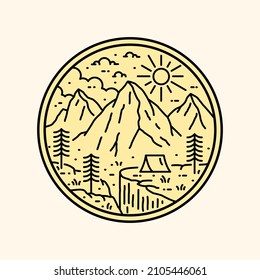 design of camping nature, mountains, cliffs in mono line art, patch badge design, emblem design, T-Shirt Design