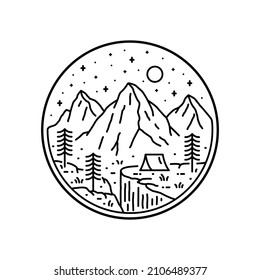 design of camping nature, mountains, cliffs on the night in mono line art, patch badge design, emblem design, T-Shirt Design