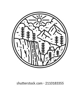 diseño de camping naturaleza, montañas, acantilados, cascada en arte de línea mono, diseño de placa de parche, diseño de emblema, diseño de camisetas