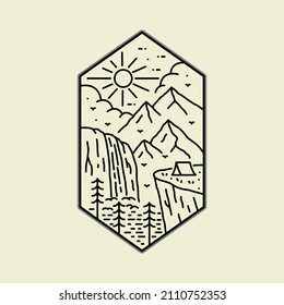 design of camping nature, mountains, cliffs, waterfall in mono line art, patch badge design, emblem design, T-Shirt Design