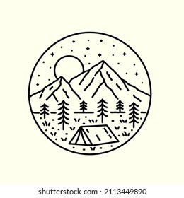 Design Of Camping Nature, Mountains, Tress In Mono Line Art, Patch Badge Design, Emblem Design, T-Shirt Design