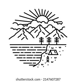 el diseño de una escena de camping en la naturaleza junto al lago y las montañas en el arte mono-line