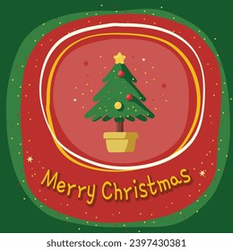 Design a captivating New Year template card adorned with a cute green Christmas pine tree