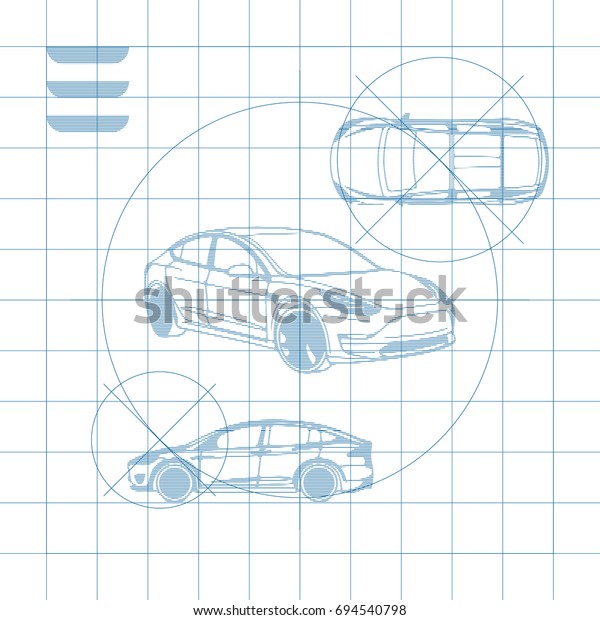 The design of the car drawing\
on a blue background, white print vector illustration.Electric\
car.