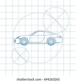 The design of the car drawing on a white background, blue print vector illustration.