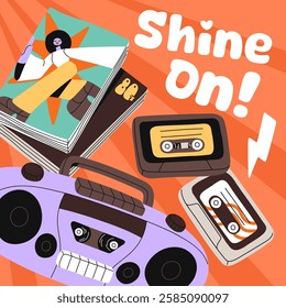 Design of card with 80s, 90s nostalgia. Retro style party promotion with tape recorder, boombox and cassettes on template. Advertising of dance event, disco with 1980s vibe. Flat vector illustration