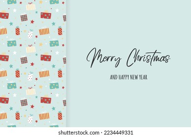 Design of a card with Christmas gift boxes and wishes. Vector