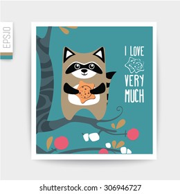 Design of card in cut out background.Raccoon
vector card.