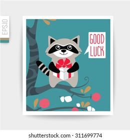 Design of card in cut out background.Raccoon
vector card.