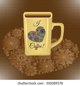 Design of a card with flowers, hearts and text .  Realistic cup.  Vector illustration.