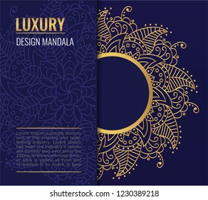 Design card with golden vector mandala on dark blue background. A symbol of life and health. Invitation, banner, magic symbol.