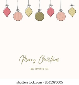 Design of a card with hanging Christmas balls and wishes. Vector