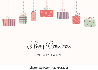 Design of a card with hanging Christmas gift boxes and wishes. Vector