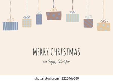 Design of a card with hanging Christmas gift boxes and wishes. Vector