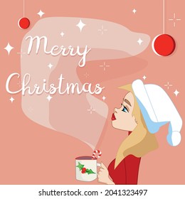 the design of a card with a happy Christmas greeting with a girl and a hot chocolate in a festive entourage can be used as a postcard invitation greeting card or a festive banner